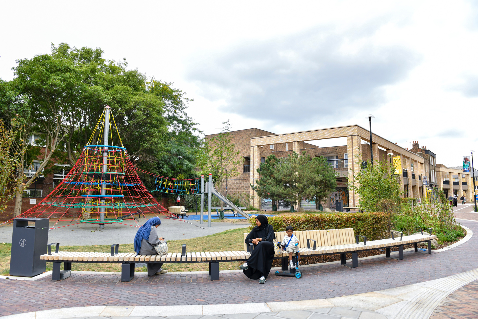 The pocket park’s climbing frame, slide and seating